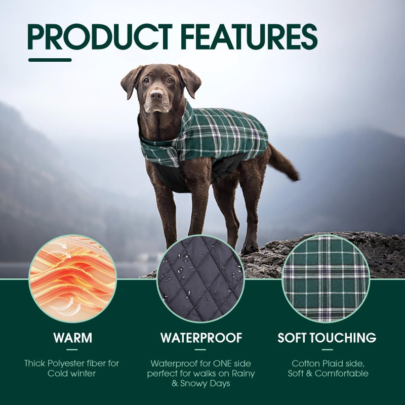 Kuoser Warm Dog Coat, Waterproof Dog Jacket for Extra Large Dogs, Adjustable Durable XXL Doggie Winter Coat Reversible Puppy Cold Weather Apparel from Small to Large Breed, Green XXL - Image 3